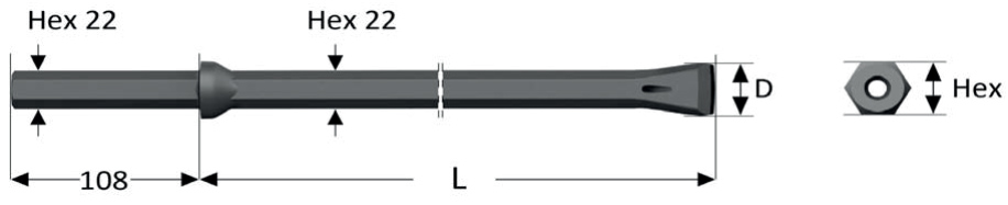 Интегральный бур, Hex 22, Shank 22 x 108, 1600 x 39 мм, IR2216-39